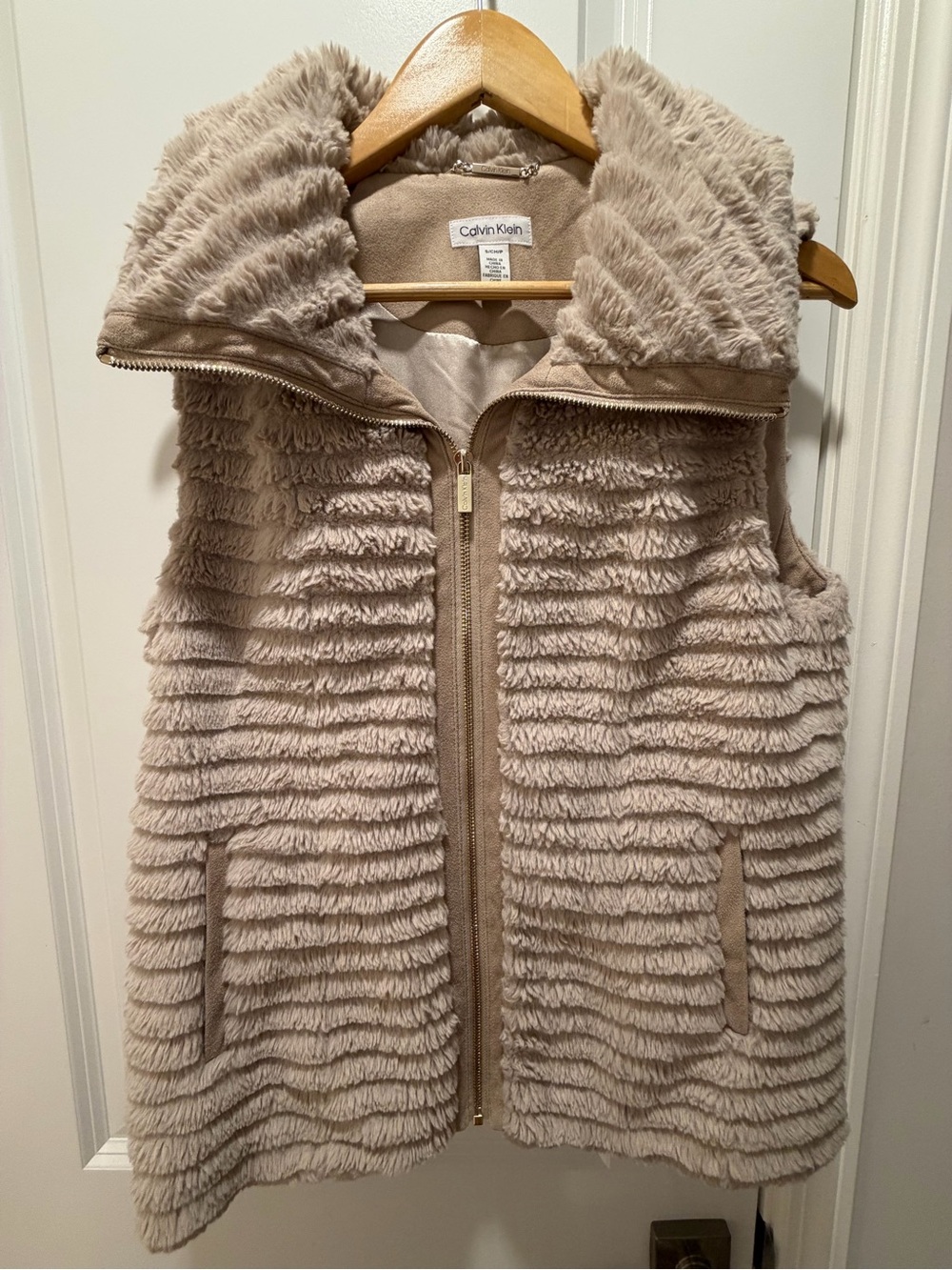 Calvin Klein Woman’s Plush Faux Fur Hooded Vest in Taupe Beige